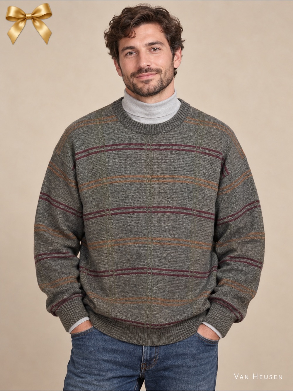 Van Heusen Vintage Men’s XL Gray Striped Crewneck Sweater